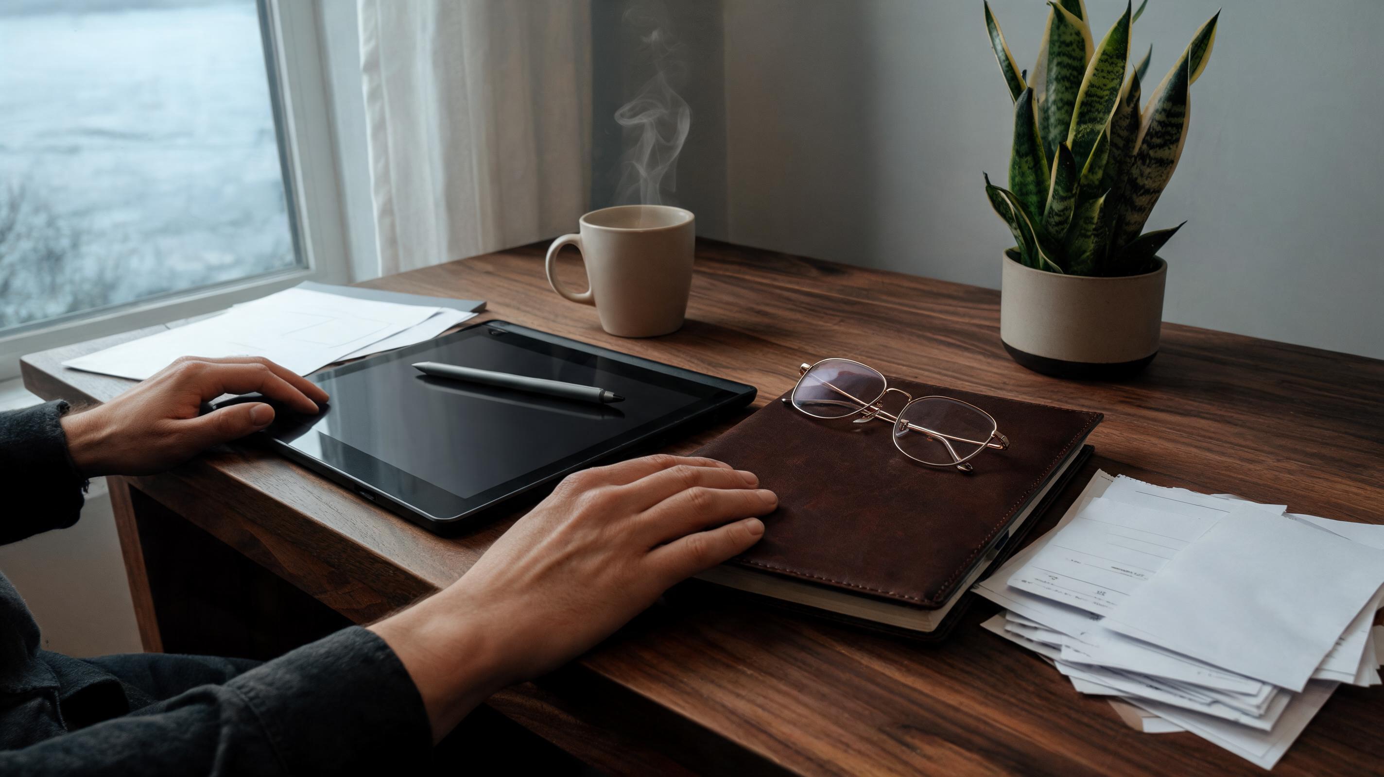 Una persona sentada en un escritorio de madera con una tableta, cuaderno y gafas, rodeada de papeles y una taza humeante.