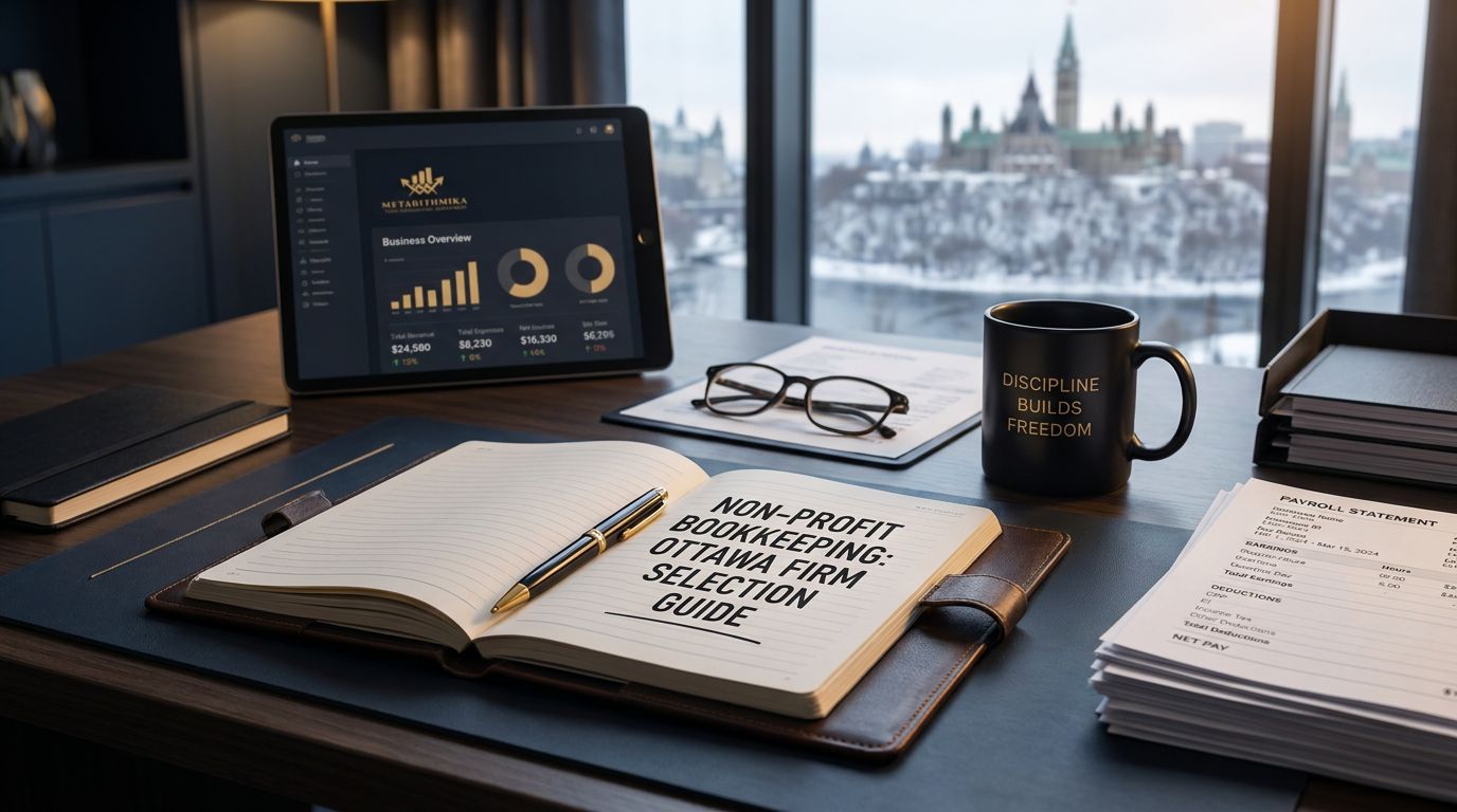 Un escritorio moderno con un cuaderno abierto titulado 'Guía para Seleccionar Servicios de Contabilidad para ONGs en Ottawa'