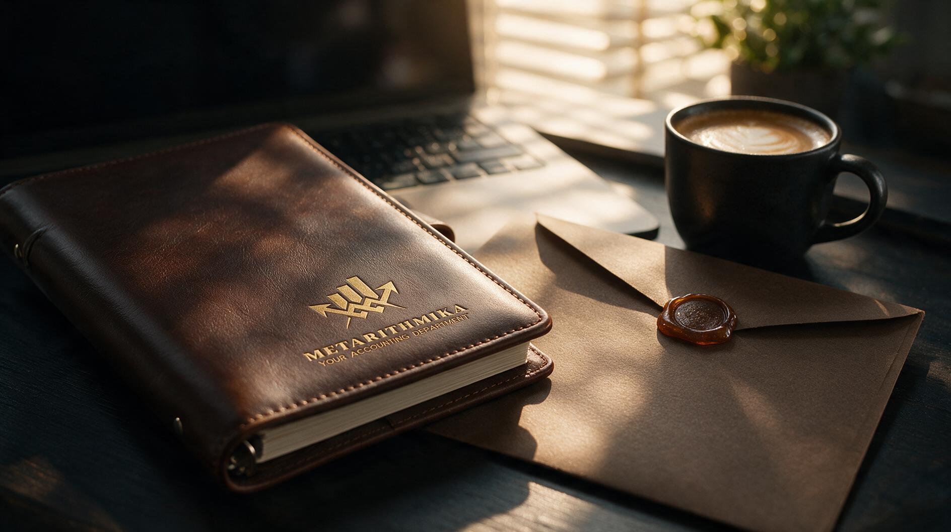 Un cuaderno de cuero marrón, una taza de café y un sobre con sello sobre una mesa iluminada por la luz del sol.