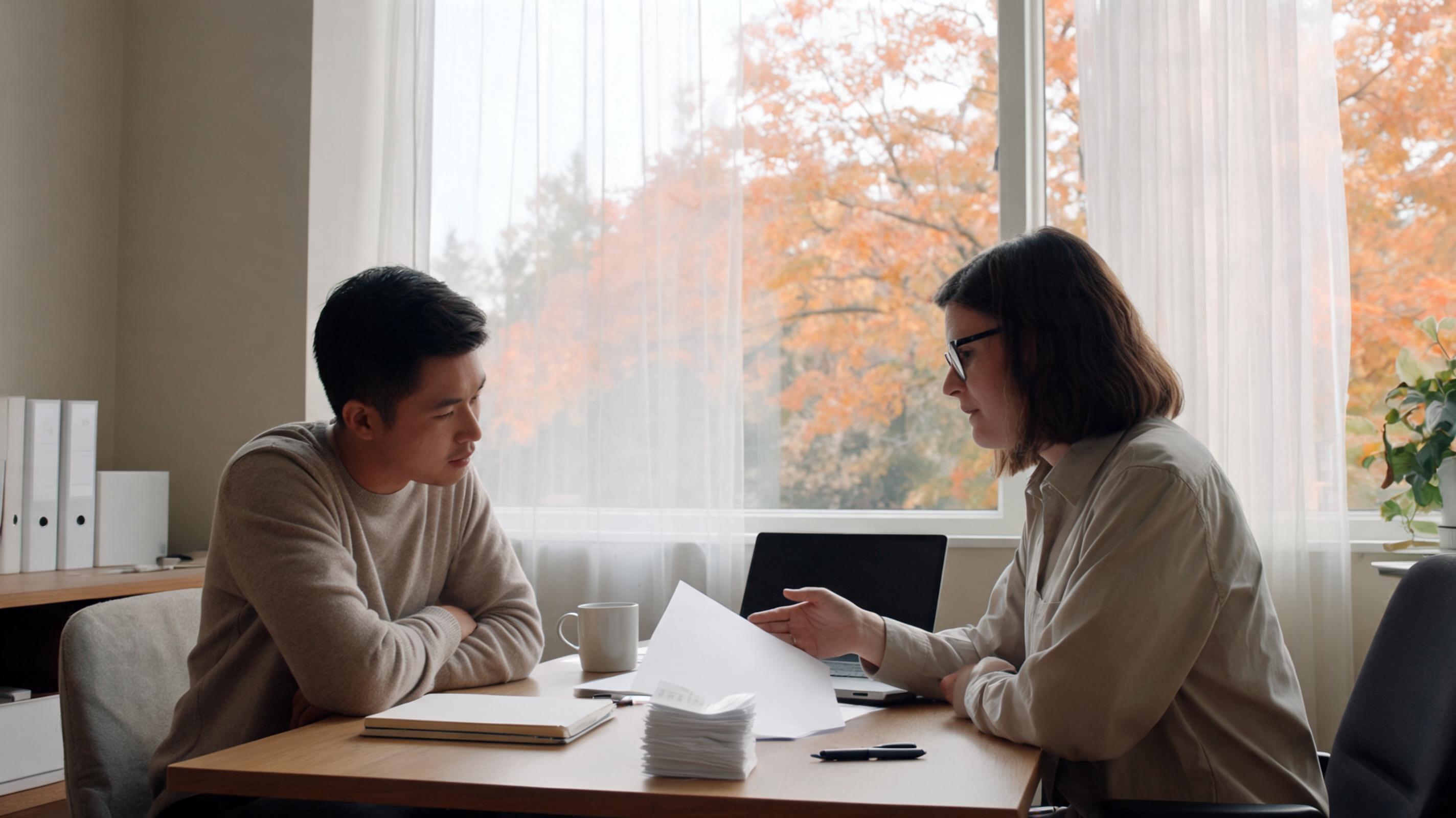 Dos profesionales revisan documentos en una mesa de madera, con una taza de café y un cuaderno visibles