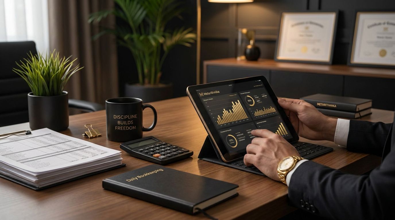 Una persona analizando gráficos financieros en una tableta en un entorno de oficina moderna, con una calculadora, cuaderno y 