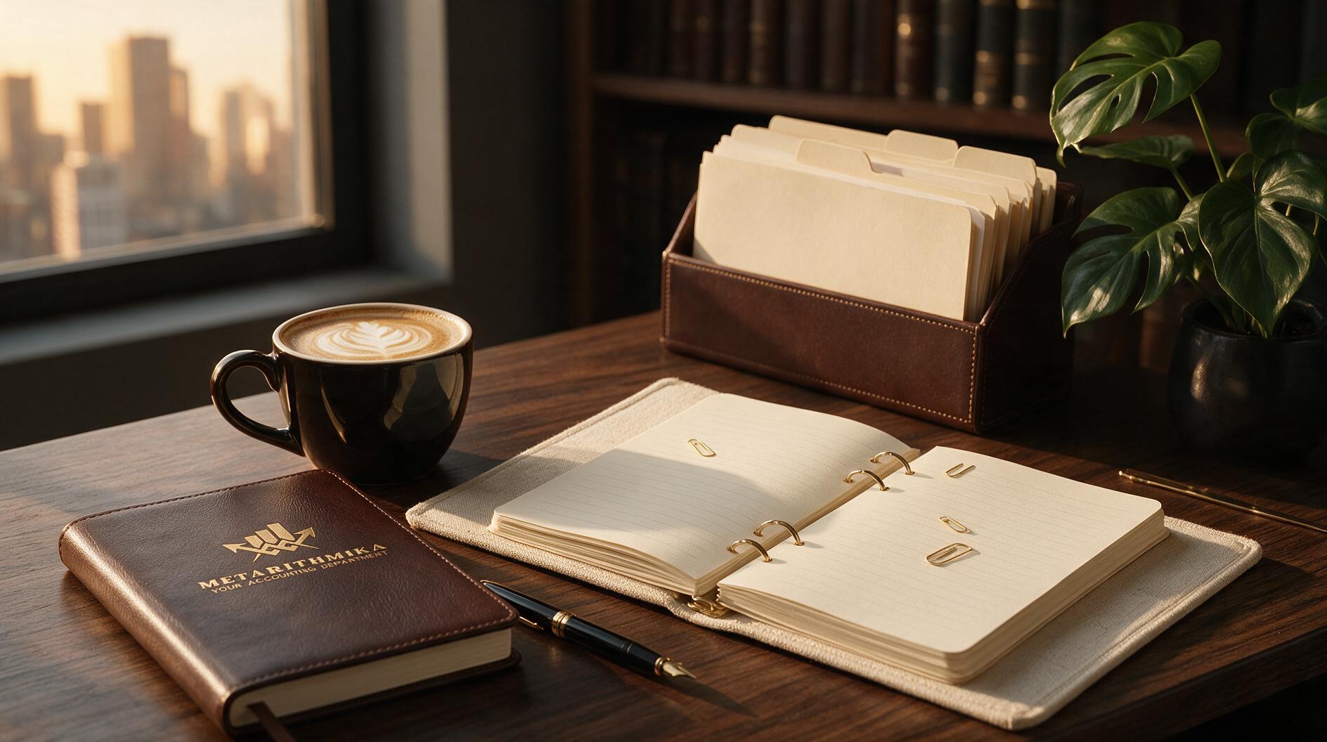 Una mesa de madera con un cuaderno abierto, una taza de café, un bolígrafo y carpetas organizadas