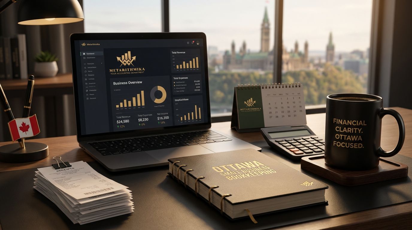 Un espacio de trabajo moderno con un portátil mostrando gráficos financieros, una calculadora y una taza de café
