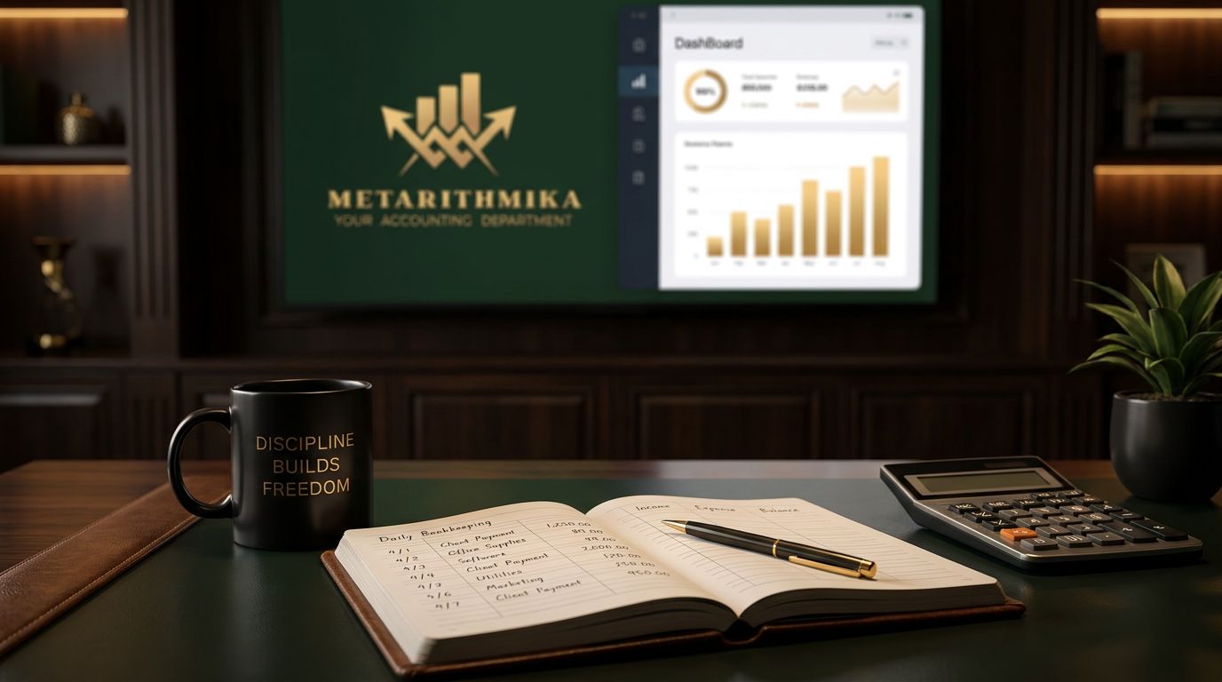 Un escritorio ordenado con un cuaderno abierto, un bolígrafo, una calculadora y una taza de café