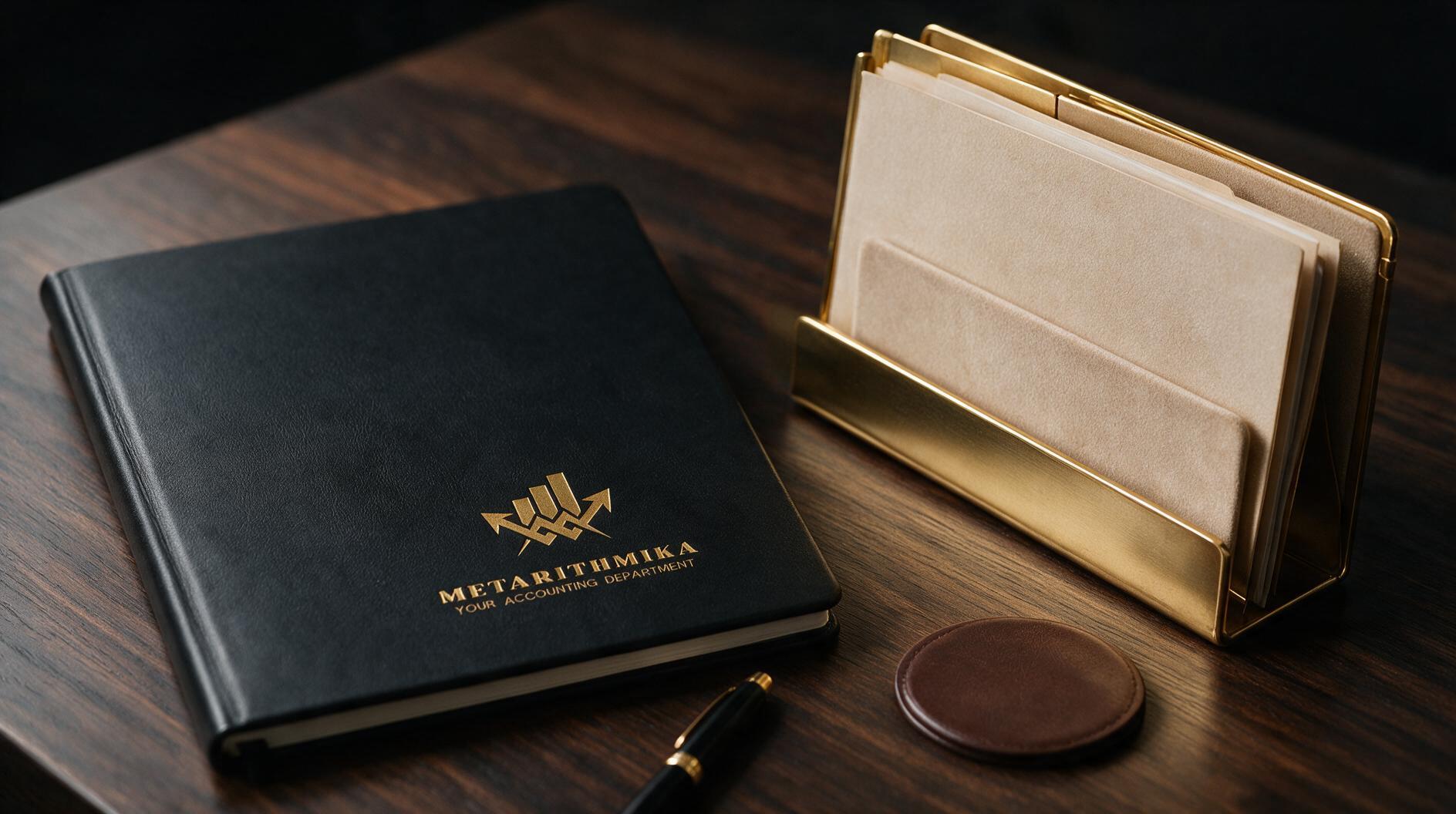 Un cuaderno negro con el logo de Metaritmika, un soporte dorado con documentos y un bolígrafo sobre una mesa de madera.