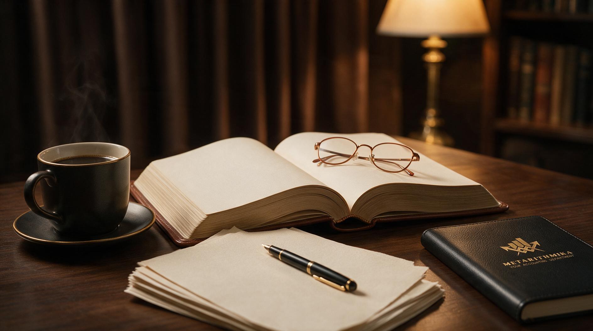Una mesa de madera con un libro abierto, gafas, una taza de café humeante y papeles en blanco