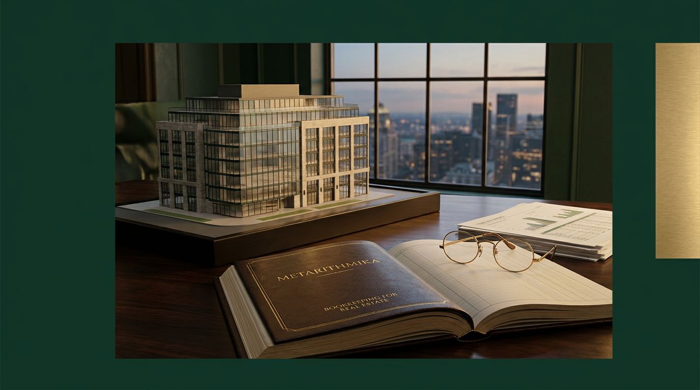 Un modelo de un edificio moderno está sobre una mesa junto a un libro de contabilidad abierto y gafas.