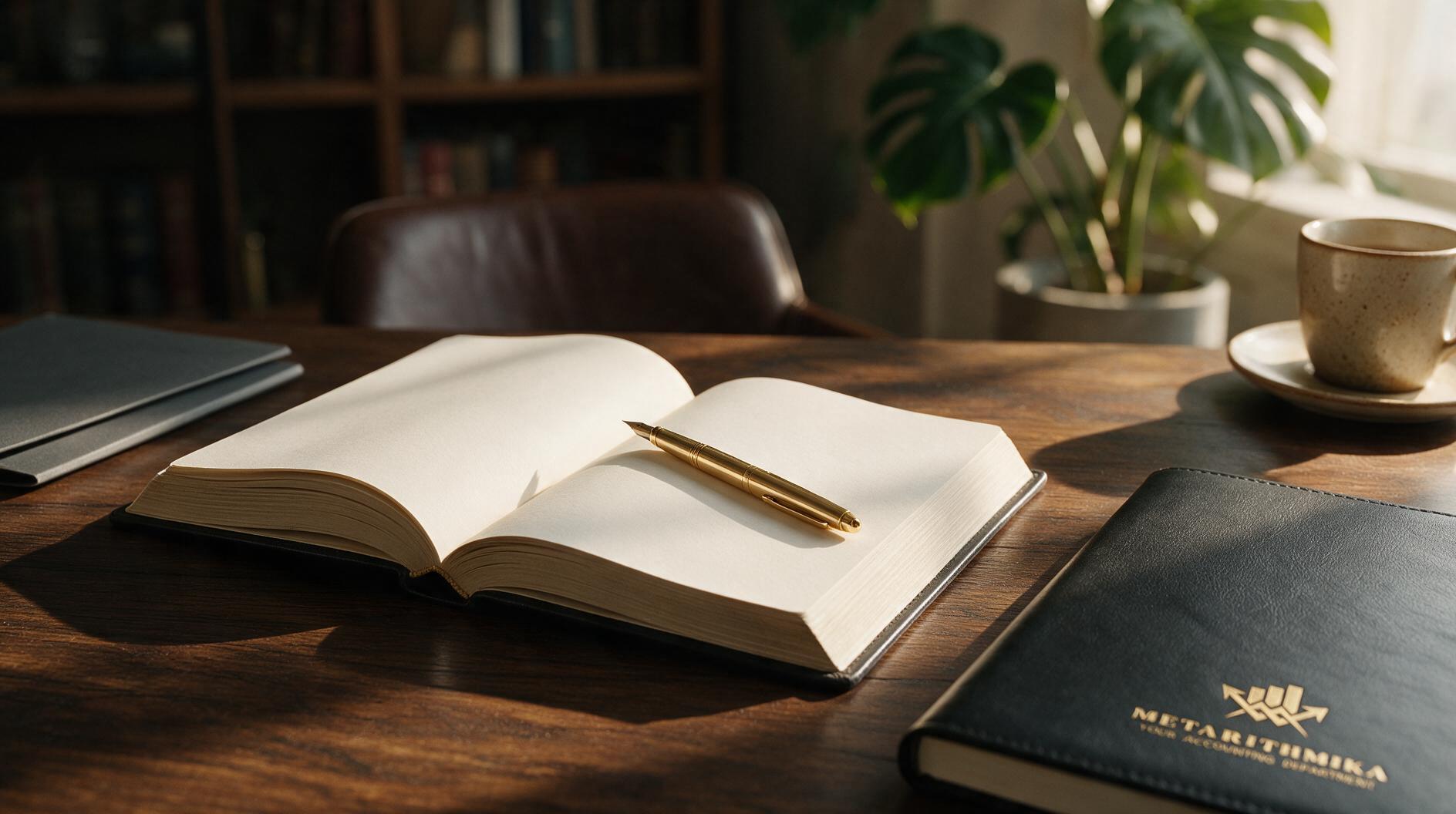 Un escritorio de madera con un cuaderno abierto, un bolígrafo dorado, una taza de café y plantas