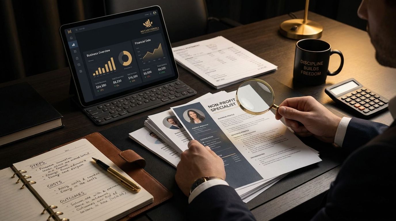 Una persona revisa currículos e informes financieros en un escritorio, con una tableta mostrando gráficos y una taza de café.
