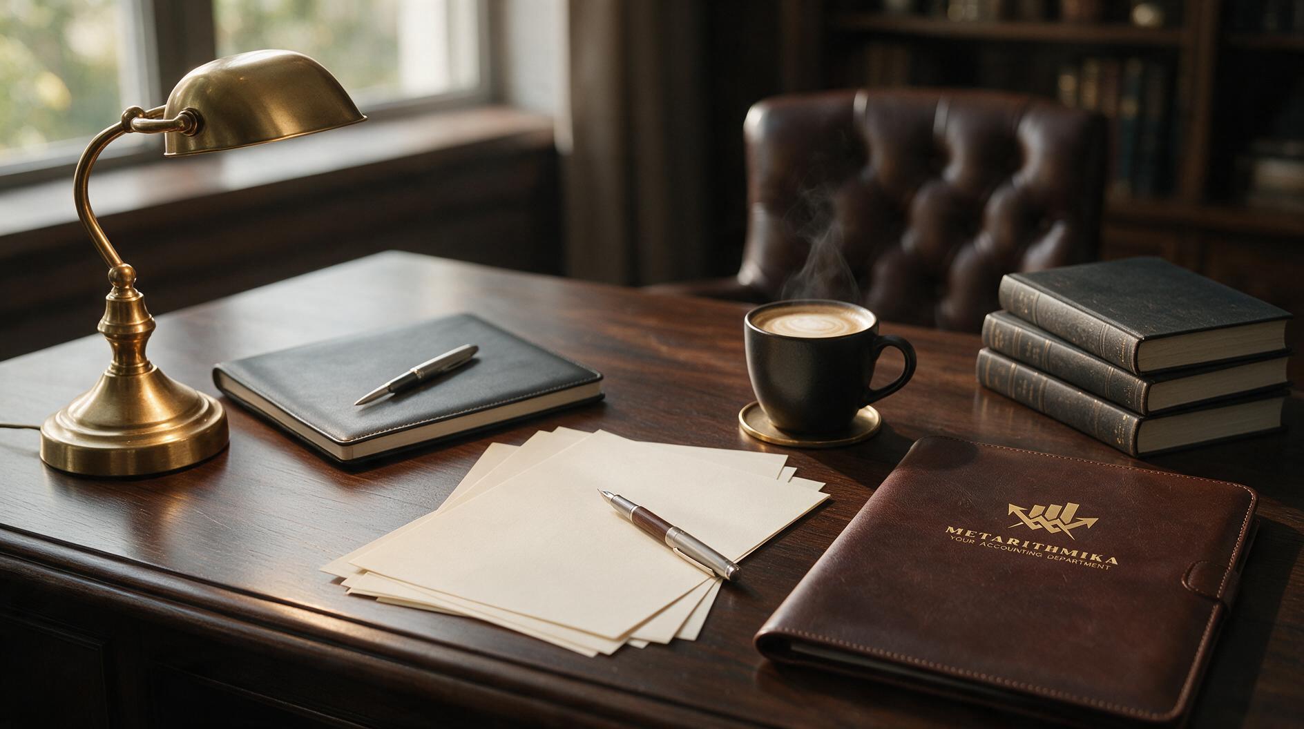 Un escritorio de madera con una lámpara dorada, una taza de café humeante, cuadernos y hojas en blanco
