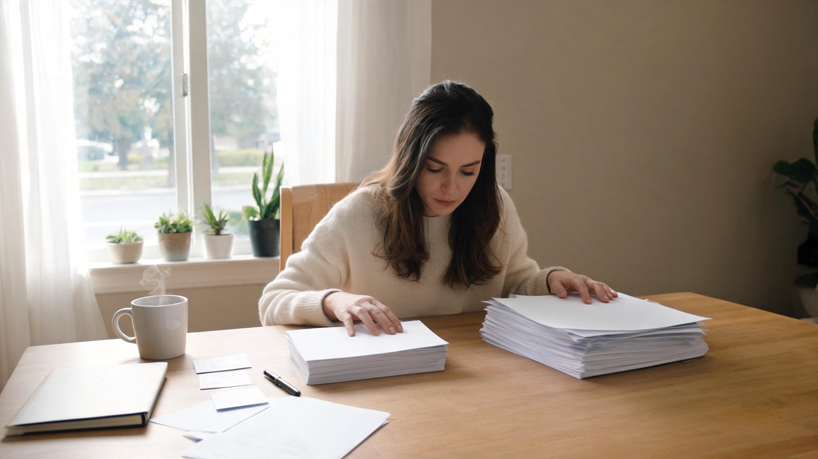 Una persona sosteniendo una hoja de papel con una lista de servicios de contabilidad junto a una calculadora y una taza de café en un escritorio.