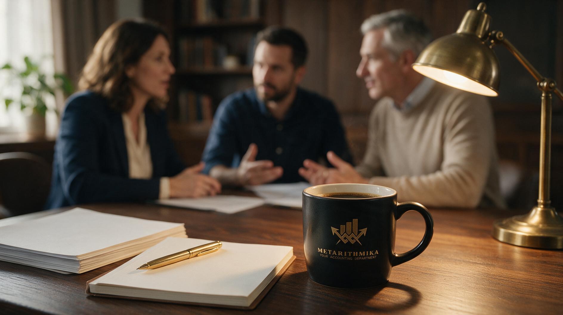 Tres personas conversan en una mesa de madera, con documentos y una taza de café frente a ellos.