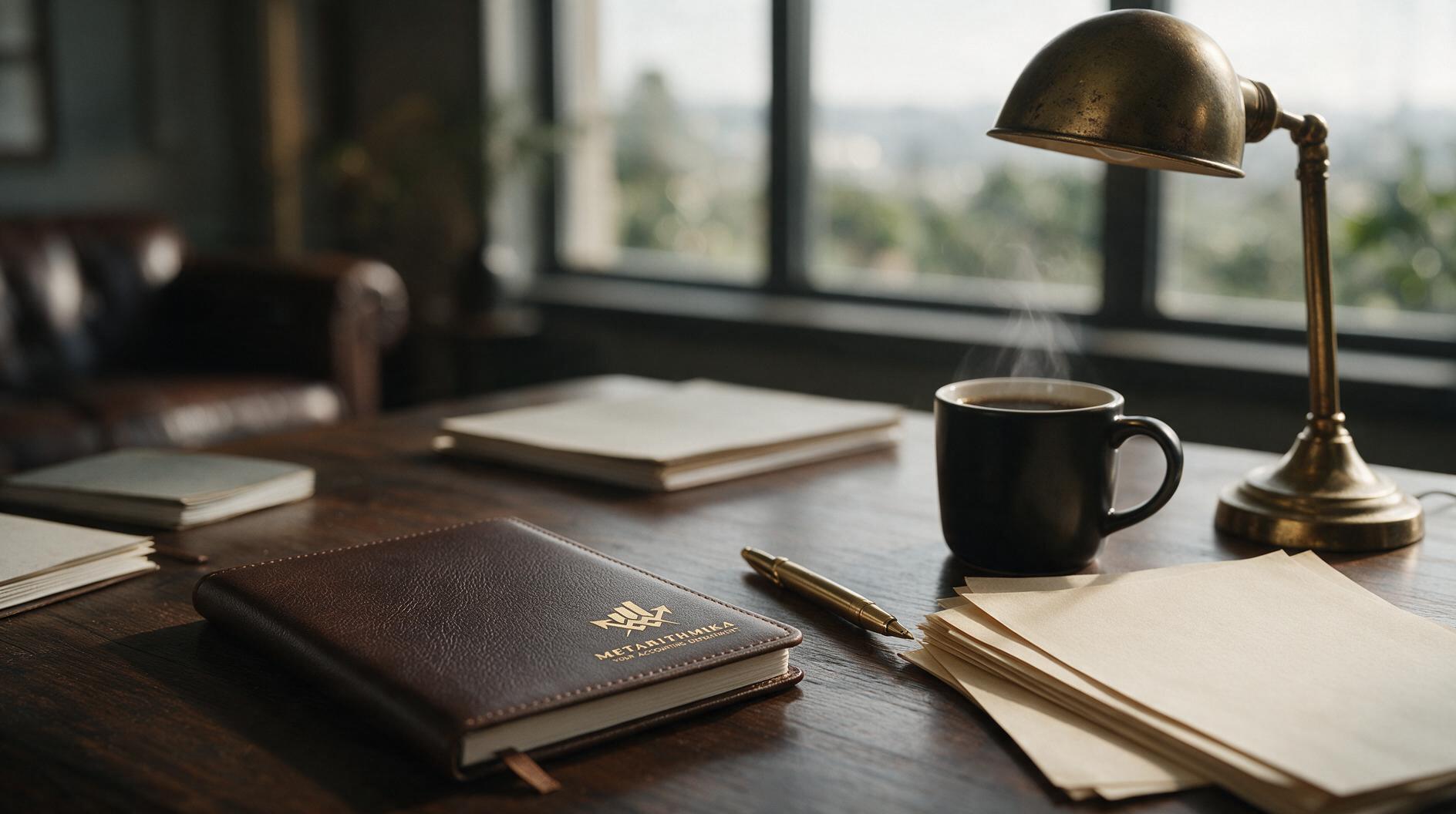Un escritorio de madera con una lámpara dorada, una taza de café humeante y un cuaderno marrón