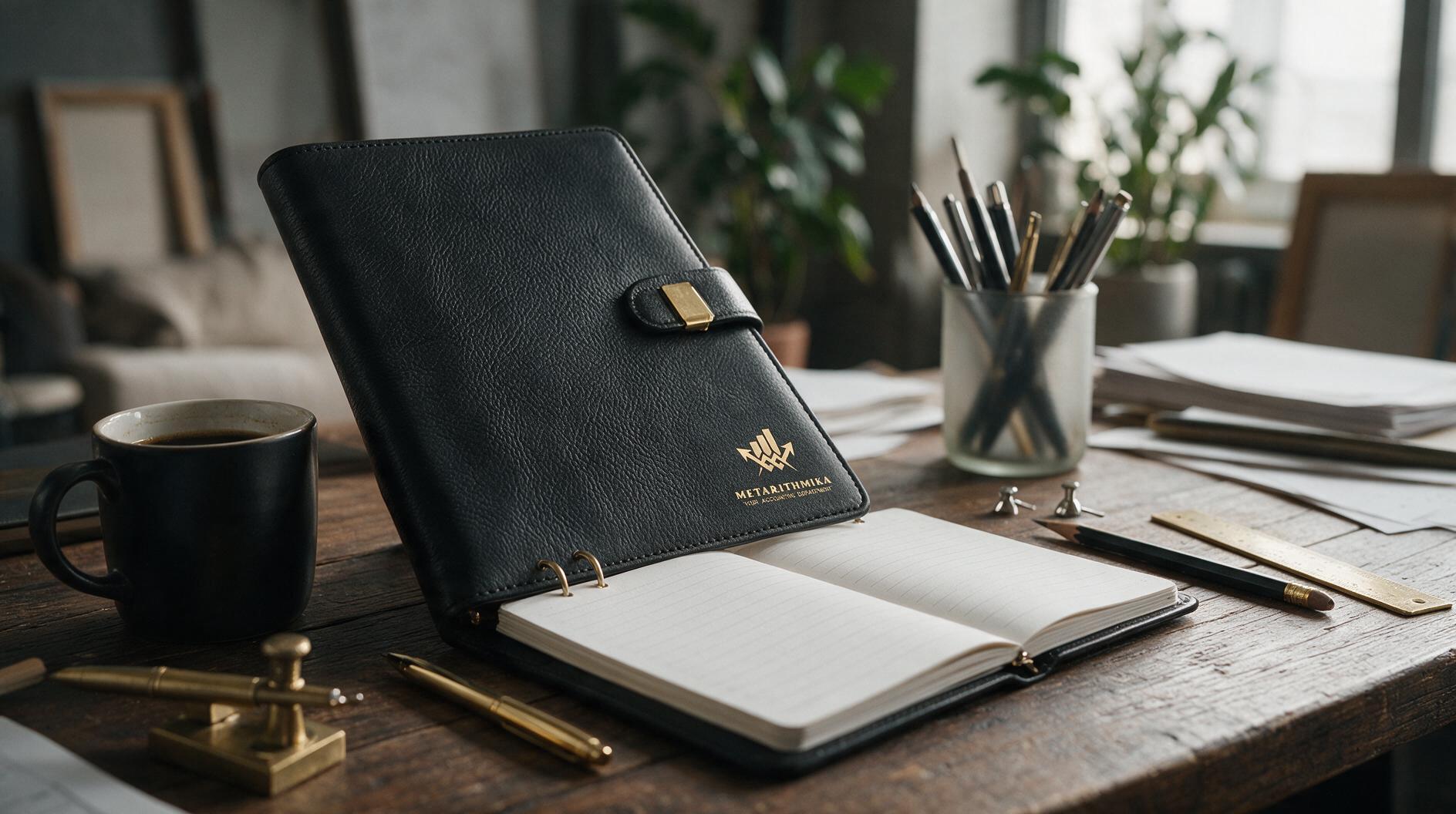 Un escritorio de madera con una carpeta negra, una taza de café, bolígrafos y papeles en un ambiente luminoso.
