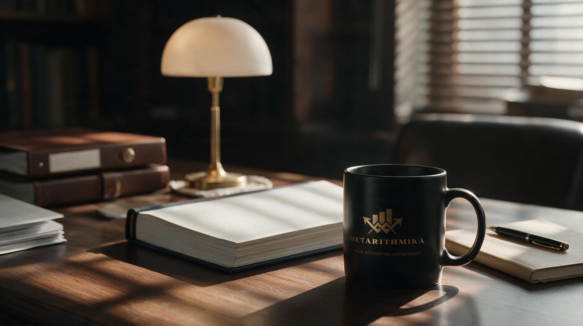 Un escritorio con un libro abierto, una taza negra de café, una lámpara de escritorio y documentos