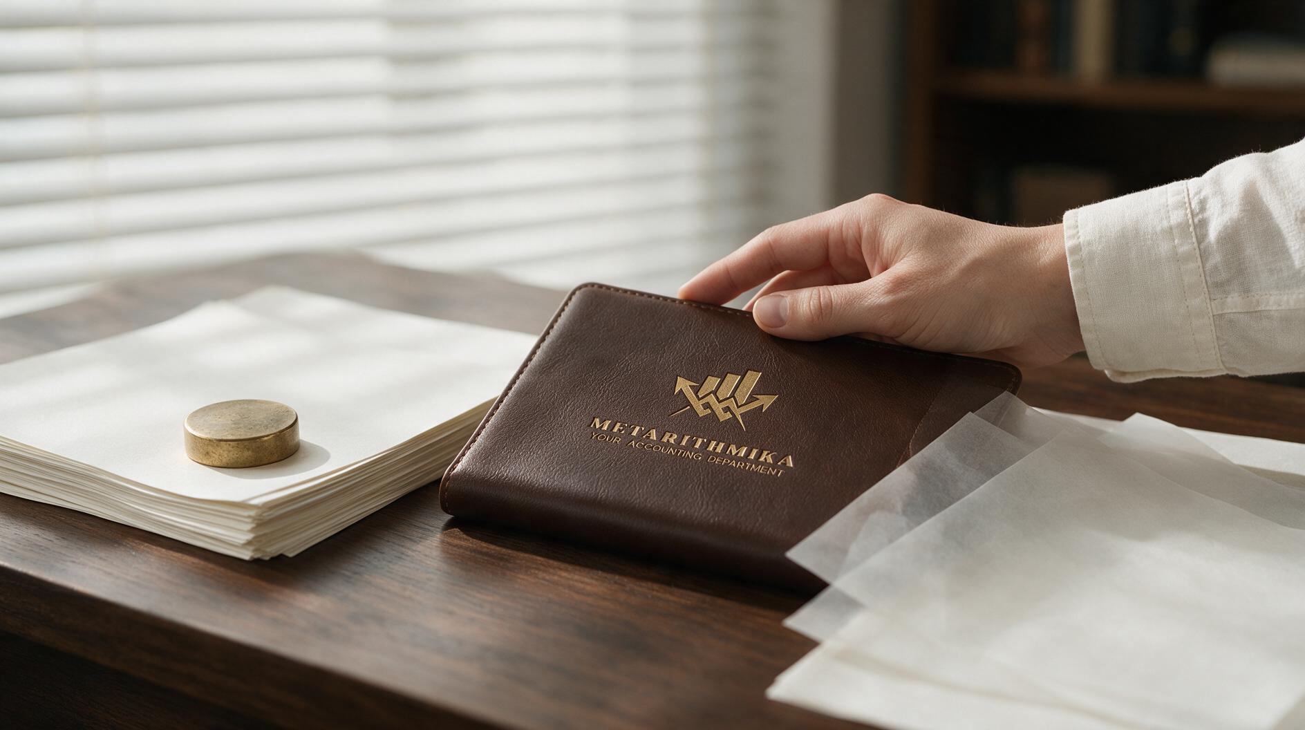 Una mano sostiene una carpeta marrón con el logo de una empresa, junto a papeles en una mesa de madera.
