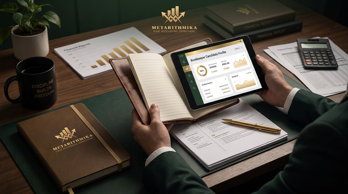 Una persona con traje revisa documentos financieros y una tablet con datos de gestión contable